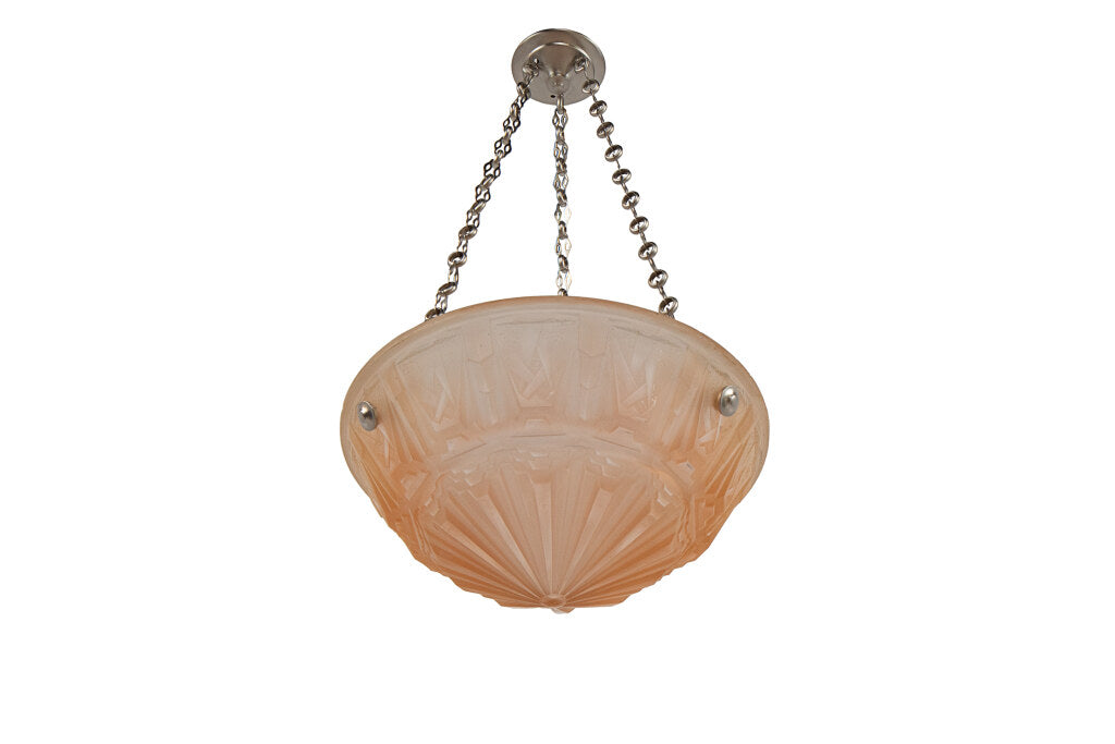Molded Glass Peach Colored Art Deco Three Light Pendant With Geo Default