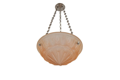 Molded Glass Peach Colored Art Deco Three Light Pendant With Geo Default