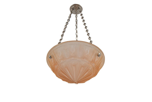 Molded Glass Peach Colored Art Deco Three Light Pendant With Geo Default