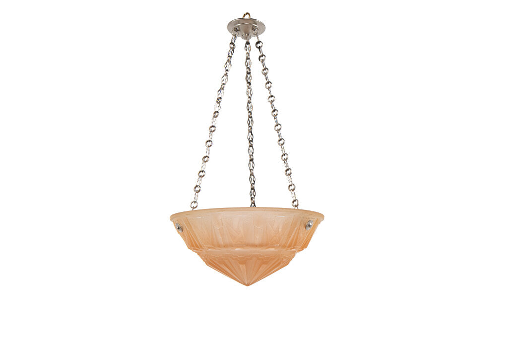 Molded Glass Peach Colored Art Deco Three Light Pendant With Geo Default