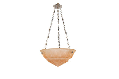 Molded Glass Peach Colored Art Deco Three Light Pendant With Geo Default