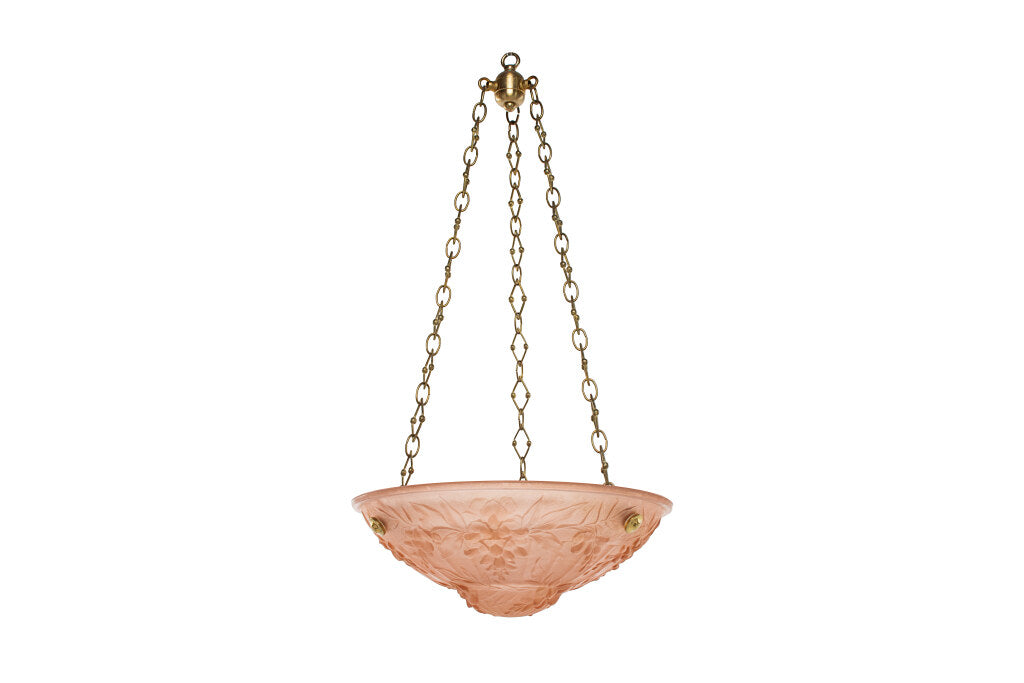 Molded Glass Peach Colored Art Deco Three Light Pendant With Hyd Default
