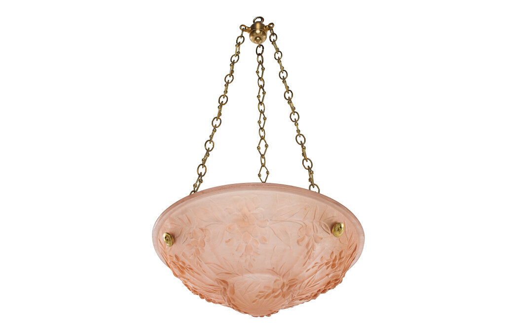 Molded Glass Peach Colored Art Deco Three Light Pendant With Hyd Default