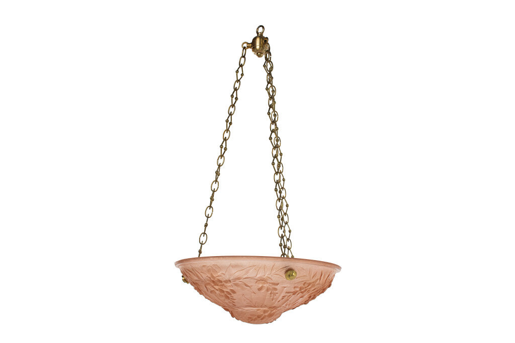 Molded Glass Peach Colored Art Deco Three Light Pendant With Hyd Default