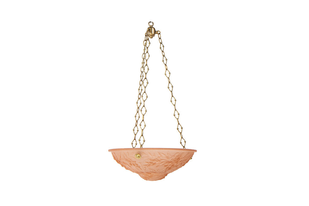 Molded Glass Peach Colored Art Deco Three Light Pendant, France Default