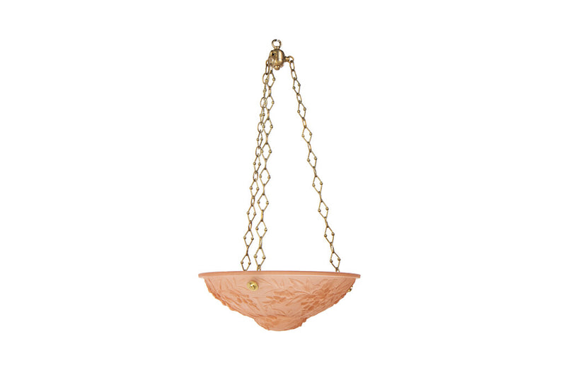 Molded Glass Peach Colored Art Deco Three Light Pendant, France