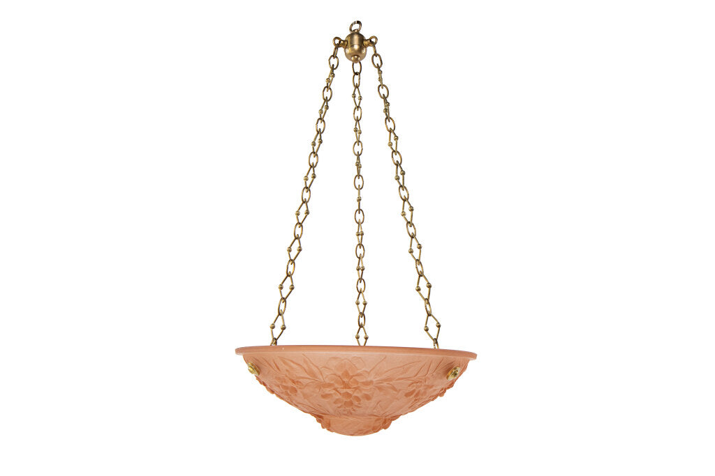 Molded Glass Peach Colored Art Deco Three Light Pendant, France Default