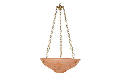 Molded Glass Peach Colored Art Deco Three Light Pendant, France Default