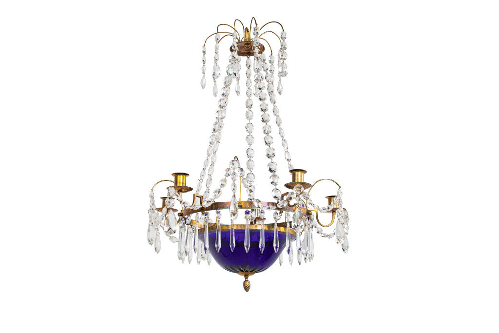 Gilt Bronze, Cobalt Glass And Crystal Five Arm Six Light Chandel Default