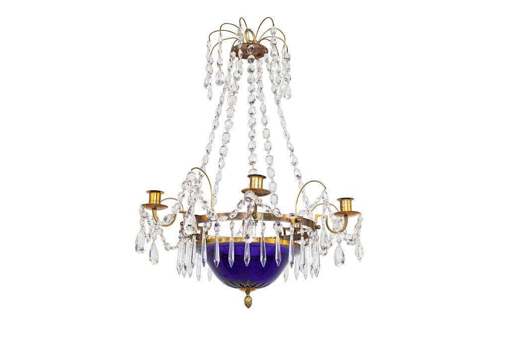 Gilt Bronze, Cobalt Glass And Crystal Five Arm Six Light Chandel Default