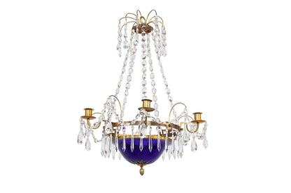 Gilt Bronze, Cobalt Glass And Crystal Five Arm Six Light Chandel Default