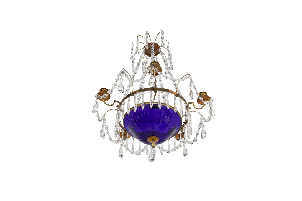 Gilt Bronze, Cobalt Glass And Crystal Five Arm Six Light Chandel Default