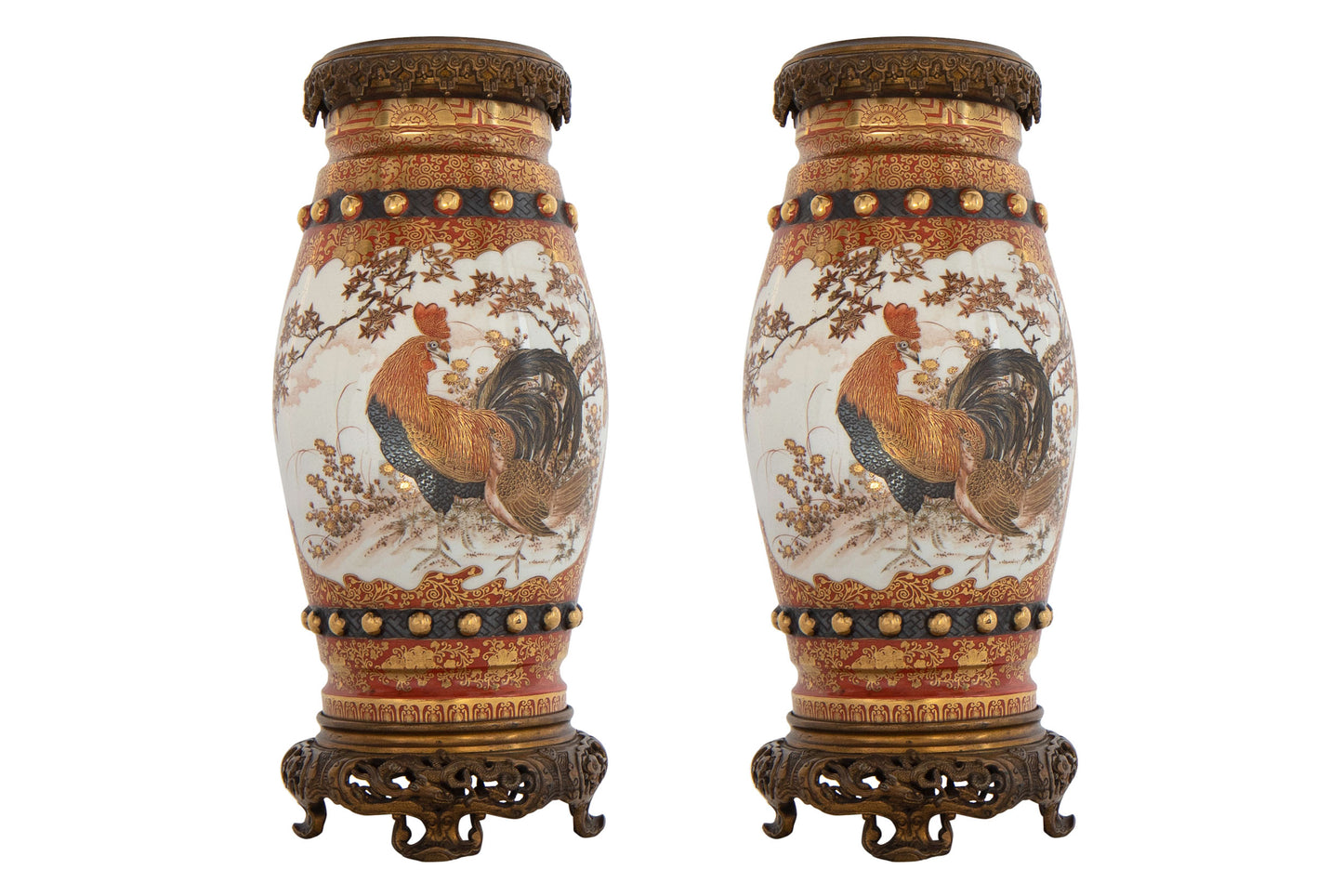 Porcelain Decorated Kutani Vases With Gilt Bronze Mounts, Japan