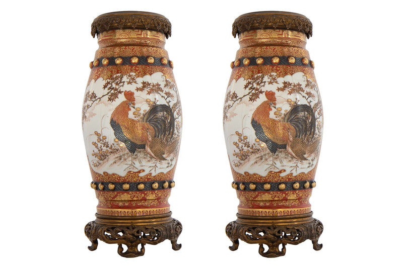 Porcelain Decorated Kutani Vases With Gilt Bronze Mounts, Japan