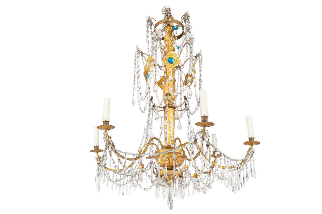 Giltwood, Gesso And Crystal Genoese Six Light Chandelier, Italy Default