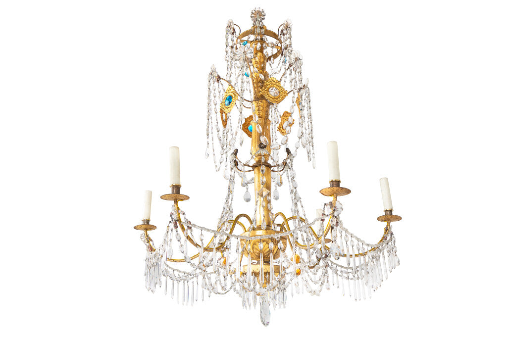 Giltwood, Gesso And Crystal Genoese Six Light Chandelier, Italy Default