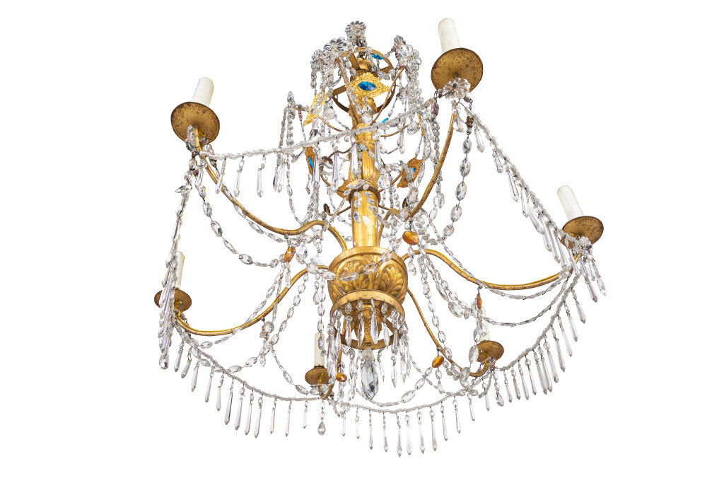 Giltwood, Gesso And Crystal Genoese Six Light Chandelier, Italy Default