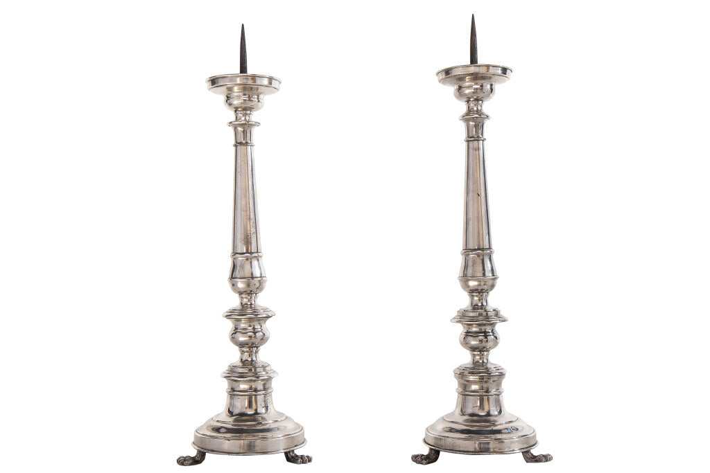 Silvered Bronze Pricket Candlesticks On Footed Bases, Italy 18th Default