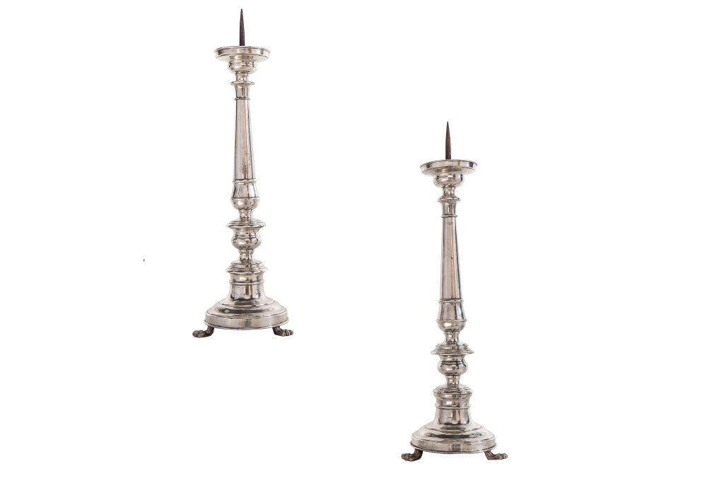 Silvered Bronze Pricket Candlesticks On Footed Bases, Italy 18th Default