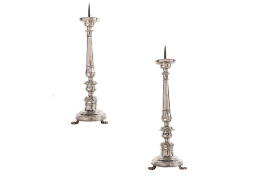 Silvered Bronze Pricket Candlesticks On Footed Bases, Italy 18th Default