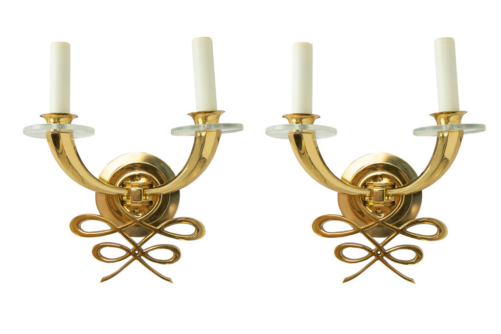 Gilt Bronze And Glass Art Deco Two Light Sconces By "LELUE", Fra Default