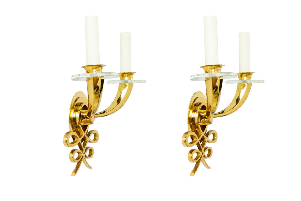 Gilt Bronze And Glass Art Deco Two Light Sconces By "LELUE", Fra Default