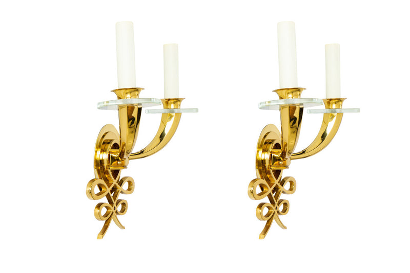 Gilt Bronze And Glass Art Deco Two Light Sconces By 