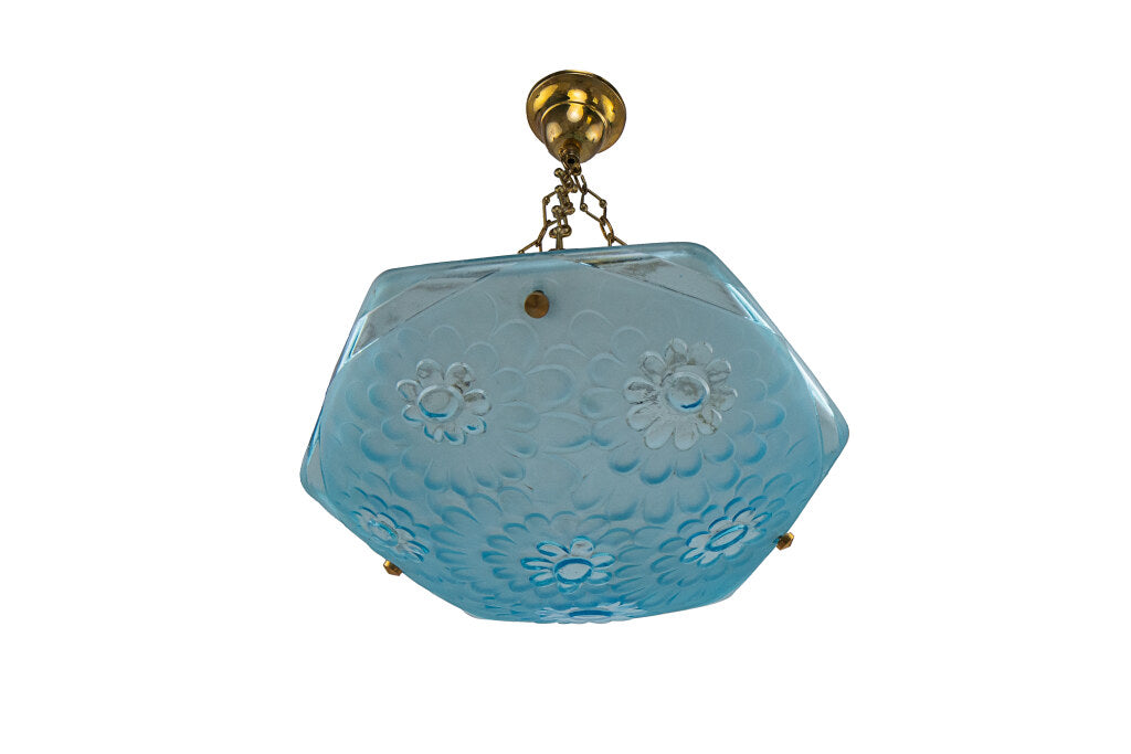 Molded Blue Glass Art Deco Three Light Pendant With Floral Motif Default