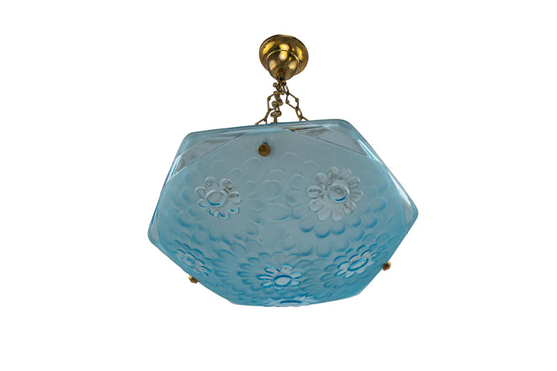 Molded Blue Glass Art Deco Three Light Pendant With Floral Motif