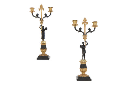 Black And Gilt Bronze Figural Restauration Period Two Light Cand Default