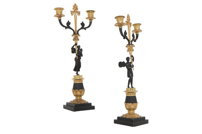 Black And Gilt Bronze Figural Restauration Period Two Light Cand Default
