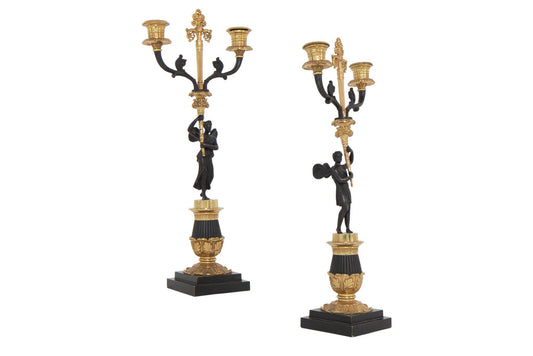 Black And Gilt Bronze Figural Restauration Period Two Light Cand Default