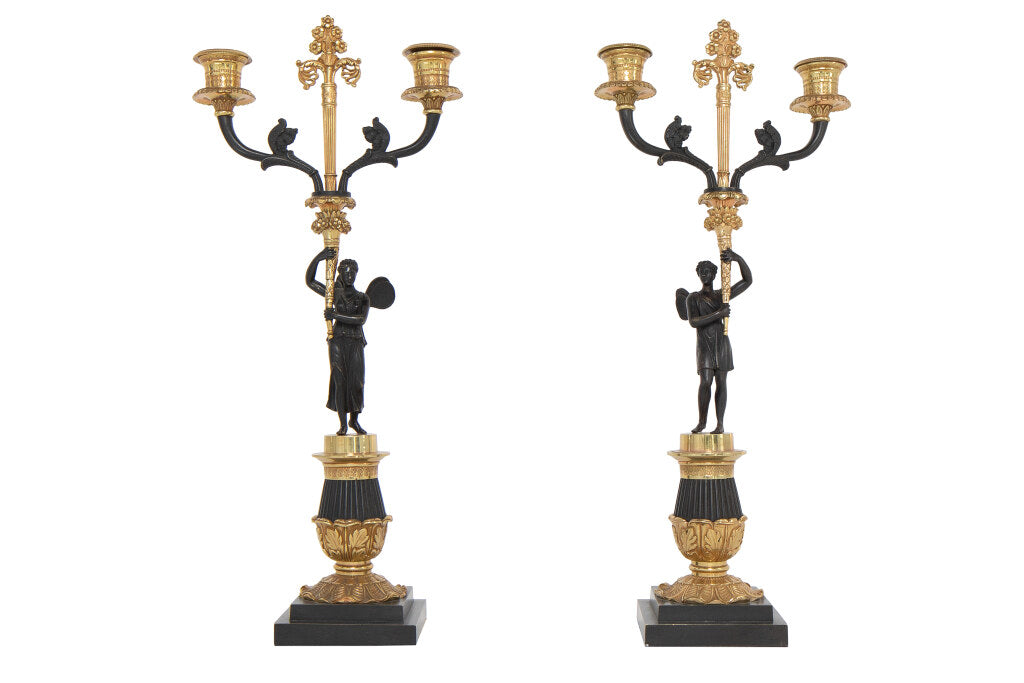 Black And Gilt Bronze Figural Restauration Period Two Light Cand Default