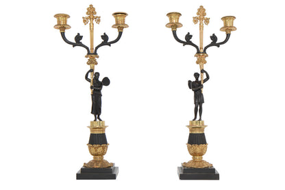 Black And Gilt Bronze Figural Restauration Period Two Light Cand Default