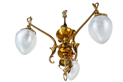 Brass Art Nouveau Three Light Chandelier With Opalescent Shades, Default