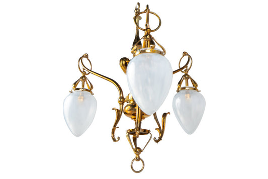 Brass Art Nouveau Three Light Chandelier With Opalescent Shades, Default