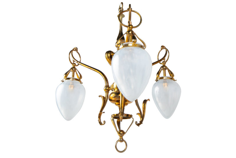 Brass Art Nouveau Three Light Chandelier With Opalescent Shades,