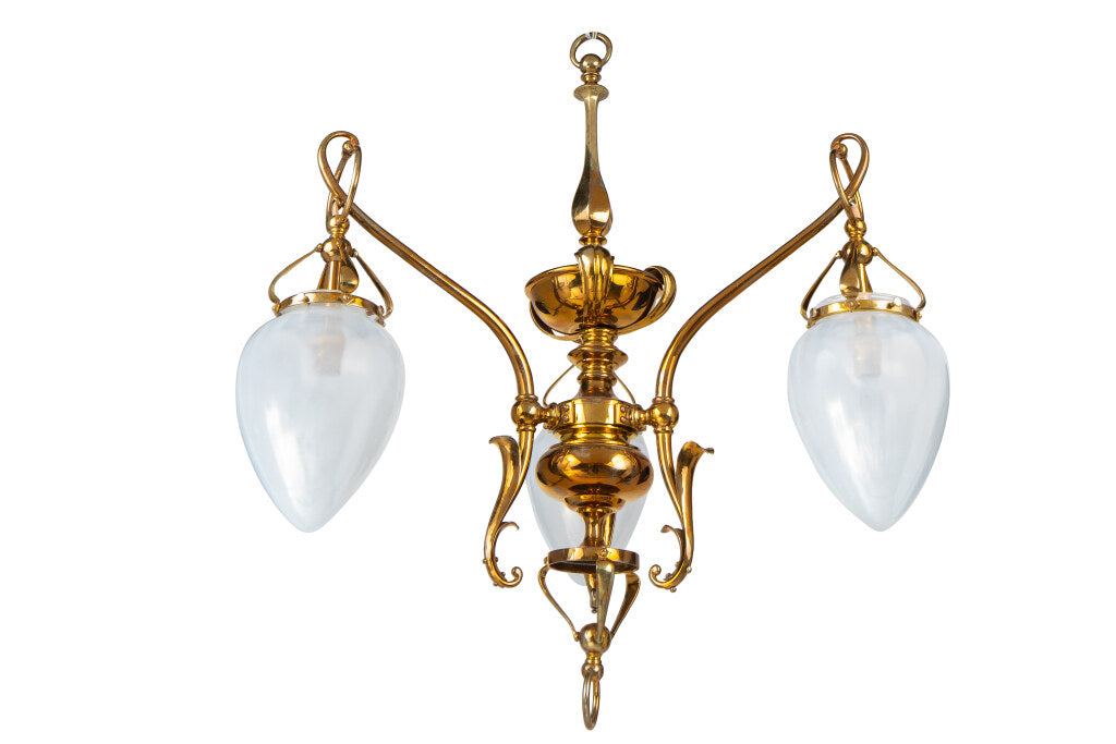 Brass Art Nouveau Three Light Chandelier With Opalescent Shades, Default