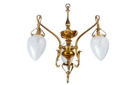 Brass Art Nouveau Three Light Chandelier With Opalescent Shades, Default