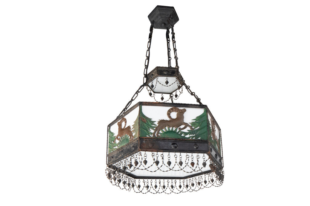 Polychrome Tole, Iron and Milk Glass Paneled Stag Motif  Eight L Default