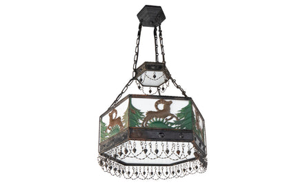 Polychrome Tole, Iron and Milk Glass Paneled Stag Motif  Eight L Default