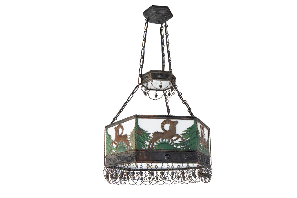 Polychrome Tole, Iron and Milk Glass Paneled Stag Motif  Eight L Default
