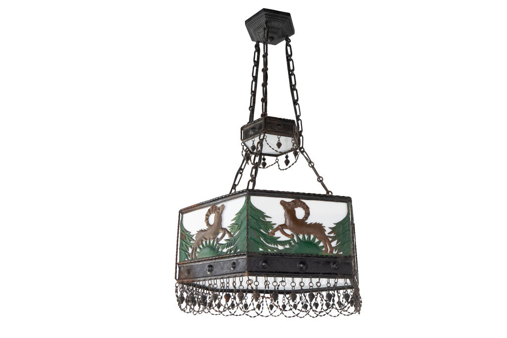 Polychrome Tole, Iron and Milk Glass Paneled Stag Motif  Eight L Default