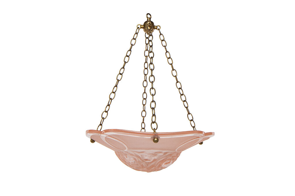 Molded Glass Rose Colored  Art Deco Three Light Pendant, France Default
