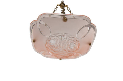 Molded Glass Rose Colored  Art Deco Three Light Pendant, France Default