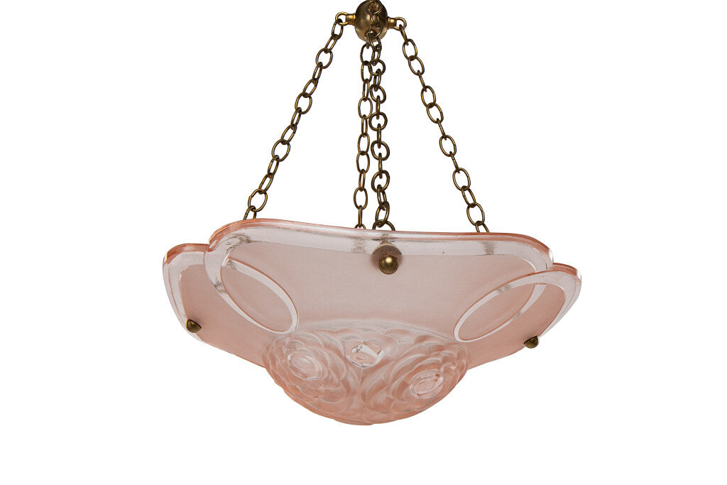 Molded Glass Rose Colored  Art Deco Three Light Pendant, France Default
