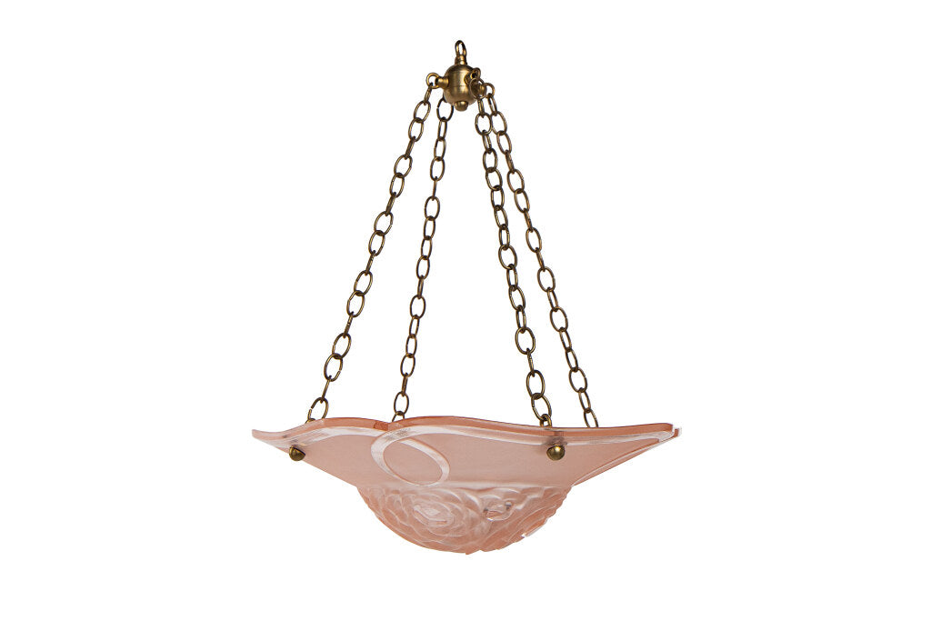 Molded Glass Rose Colored  Art Deco Three Light Pendant, France Default