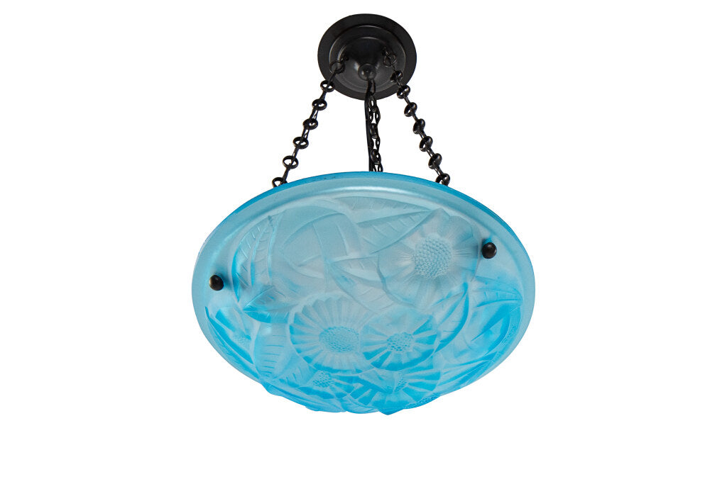 Molded Blue Glass Art Deco Three Light Pendant With Floral Geome Default