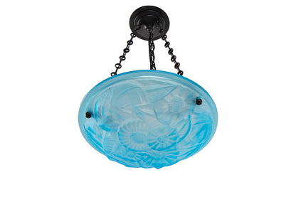 Molded Blue Glass Art Deco Three Light Pendant With Floral Geome Default