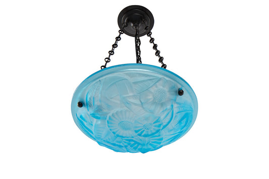 Molded Blue Glass Art Deco Three Light Pendant With Floral Geome Default